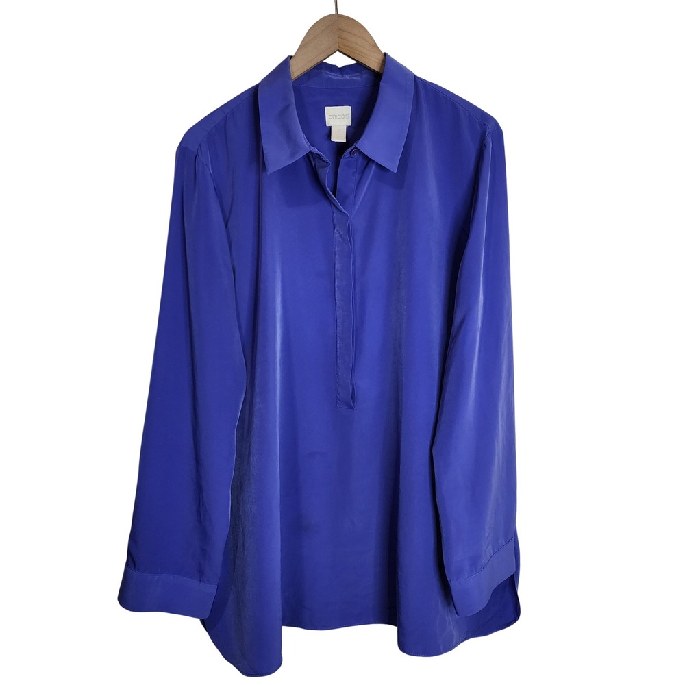 Chico's Blouse Women 3 Blue Long Sleeve Button Cuff Pullover Tunic Top - Picture 1 of 5